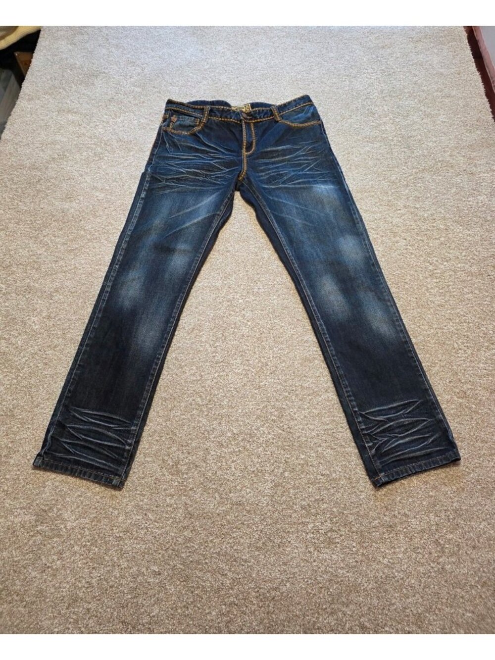 Grindhouse Denim Men’s Distressed Dark Wash Orange Stitch Straight Jeans 36X34